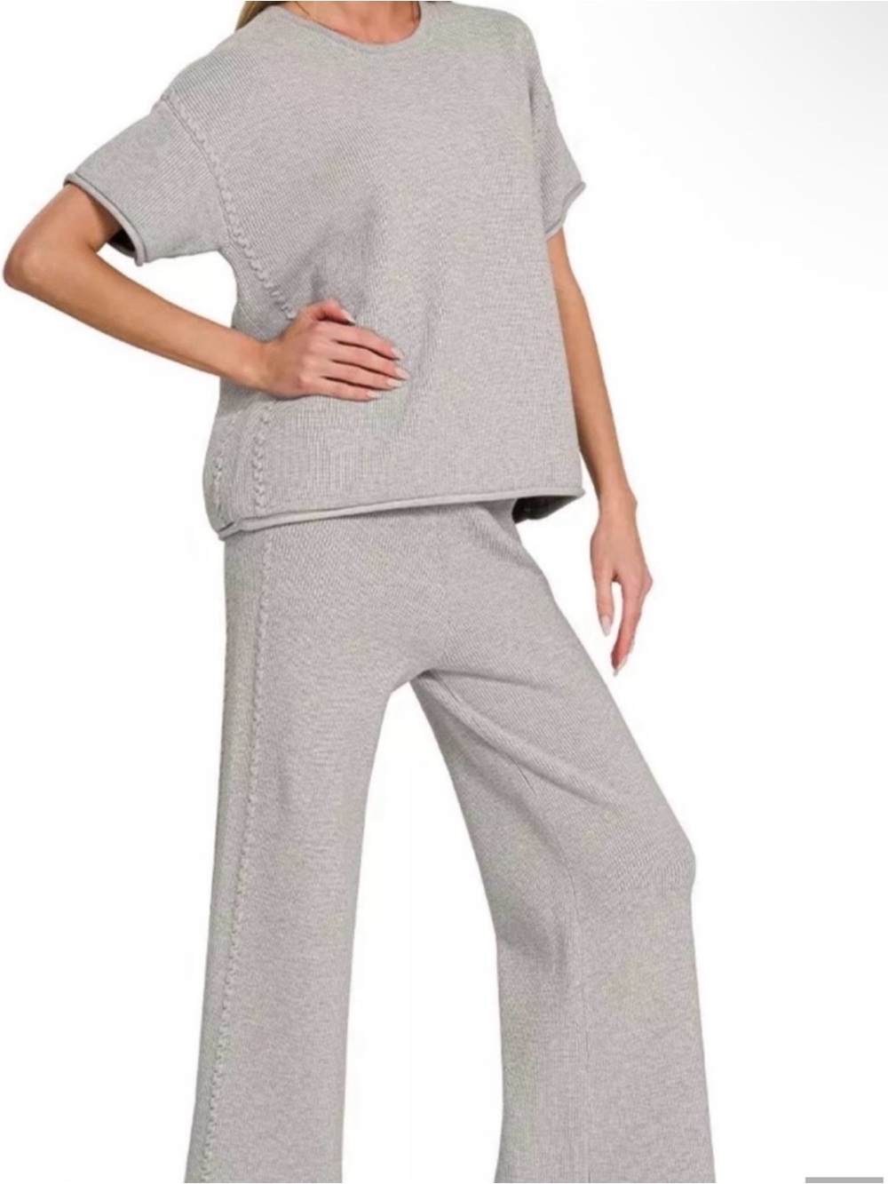 Zenana Women's Cozy Knit Wide-Leg Pant Set - Light Gray